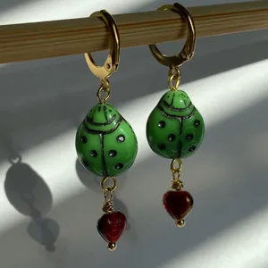 Handmade Czech glass beads lady bug & heart cute dangle earrings🐞💚❤️ thumbnail 2