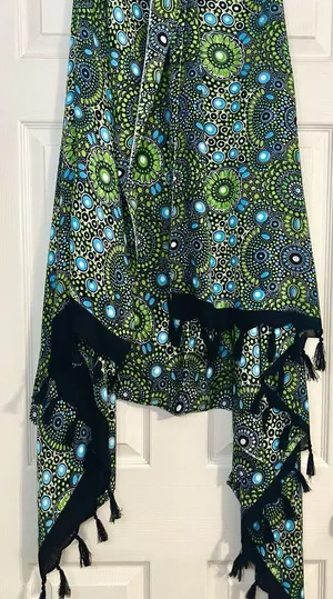 Wayan Natural Wear Sarong Cover Up Lime Green Blue Mandala Fringe Scarf Festival thumbnail 1
