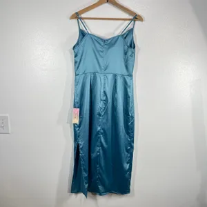 VENUS Teal Satin Slip Dress Size 8 Cowl Neck Adjustable‎ Straps Midi Slit Party thumbnail 3