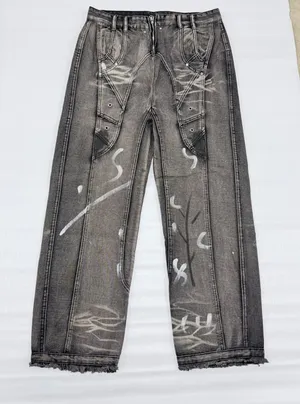 Acid Wash Wide Leg Paneled Denim Jeans Gray Streetwear Measurements in Photos thumbnail 1