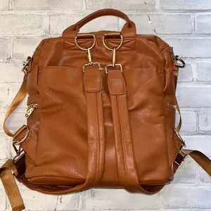 Faux leather brown cognac tan large backpack diaper bag thumbnail 4