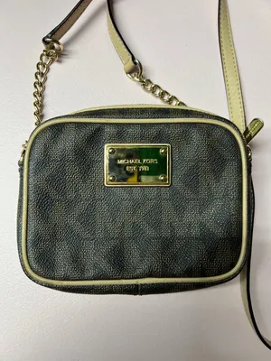 Michael Kors Monogram Small Crossbody Brown Beige Zip Chain Strap Gold Hardware thumbnail 1