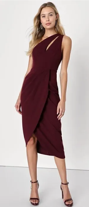 Lulus So Flirty Burgundy One-Shoulder Cutout Asymmetrical Dress NWT thumbnail 1