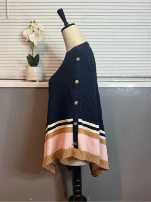 Talbots Cable Knit Cashmere Blend Poncho Navy Pink Camel Colorblock Cape XS thumbnail 4
