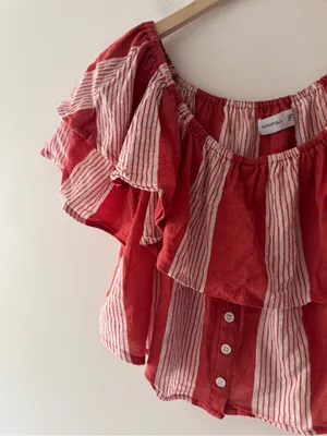 Faithfull the Brand Salerno 100% Cotton Ruffle Sleeve Striped Off Shoulder Top thumbnail 4