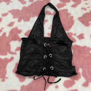 Black Satin Lace-Up Halter Top & Micro Mini Wrap Skirt Set – Coachella Baddie / Cosplay Lingerie S/M 🖤✨ thumbnail 2