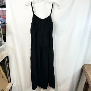 Old Navy Large Midi‎ Dress Black Cotton Gauze Smocked Tiered Pockets Witchy 1175 thumbnail 2