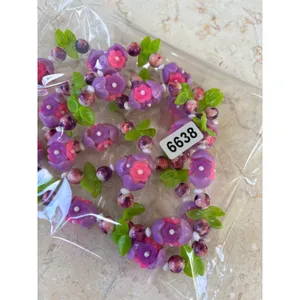 1960's style lucite Purple & Pink Floral Beaded Necklace With Green Leaf Accent thumbnail 6