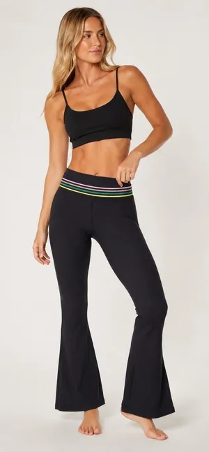 FP Movement Black Ribbed Flare Leggings Multi Stripe Waistband‎ Womens Size M thumbnail 1