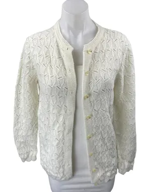 Rosanna Women's White Long Sleeve Open Knit Button Up Cardigan Sweater Top 6 thumbnail 1