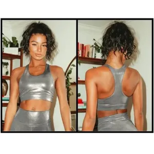 Anthropologie All Fenix Liquid Olive Metallic Racerback Sports Bra thumbnail 2