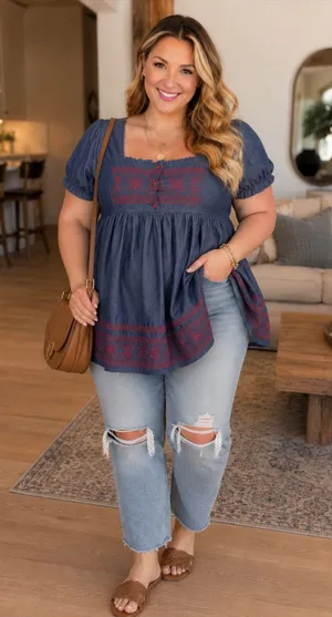 Boho Chic Chambray Denim Peasant Top NWT Blue Size XL thumbnail 1