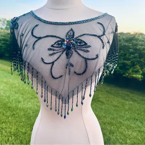 Vintage Beaded Black Mesh Caplet Collar Scarf with Fringe & Sequins thumbnail 2