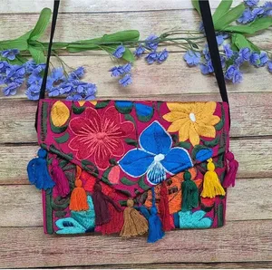 NWOT Mexican Embroidered Crossbody Envelope Purse Multicolor Floral Tassels thumbnail 1