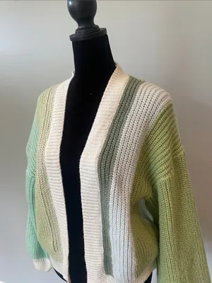 Oversized Striped Open-Front Sweater Cardigan - greens and white thumbnail 2