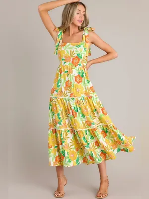 Flying Tomato PLANTING SEEDS YELLOW FLORAL LINEN MAXI DRESS S thumbnail 2