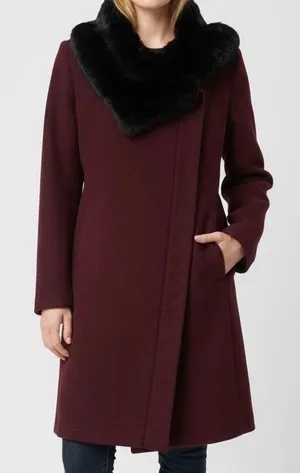 DKNY Wool Cashmere Blend Coat 4 Burgundy Faux Fur Collar Zip‎ Timeless Classy thumbnail 1