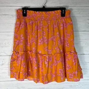 J Crew Womens Medium Pull On Skirt Smocked Waist Floral Orange Pink Summer thumbnail 1