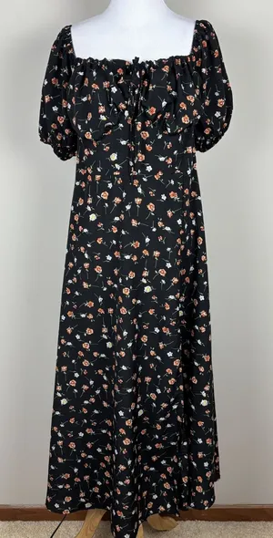 Milkmaid Maxi Dress Womens XL Black‎ Floral Feminine Smocked Puff Short Sleeve thumbnail 1