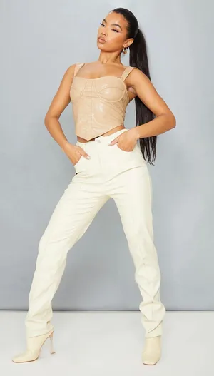 Pretty Little Thing Cream Leather Pants thumbnail 1