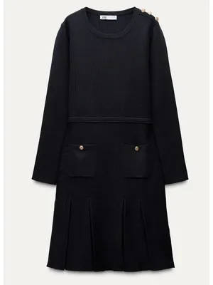 Zara Pleated Knit Dress With Gold Button Navy Blue Long Sleeve XL Quiet Luxury thumbnail 2