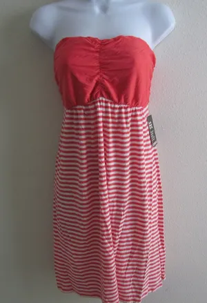 NWT Express Strapless Dress Medium Coral Striped‎ Ruched Summer Sun Dress thumbnail 1