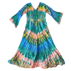 Tie Thai Boho Bell Sleeve Tie Dye Festival Maxi Dress Womens Large Multi-Color thumbnail 4