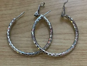 Boutique Silver Tone Disco Diamond Cut Round 1.5 Inch Statement Hoops thumbnail 1