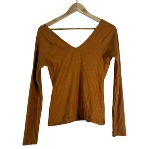 Maeve Anthropologie Ribbed Surplice Faux Wrap V-Back Top Burnt Orange Size Small thumbnail 4