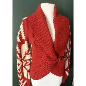 American Eagle Y2K Cardigan Womens Size M Red Snowflake Fair Isle Chunky Knit thumbnail 2