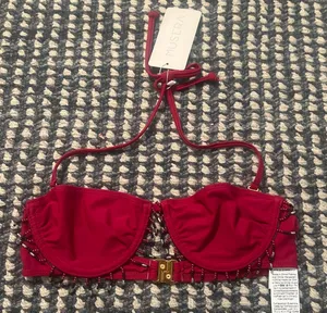 MUSÉRA red beaded bikini topwith gold buckle detail on the back #beaded #buckle Size small but fits like an XS thumbnail 1