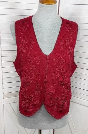 Vintage 90s Heirloom Collectibles Embroidered Beaded Sweater Vest‎ Red Medium thumbnail 1