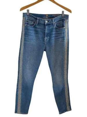 7 For All Mankind High Waist Ankle Skinny Jeans With Silver Shimmer Side Stripe thumbnail 1