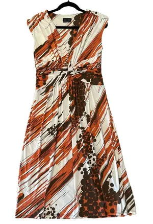 MaxandCleo Orange Brown Abstract Print Midi Dress M thumbnail 1