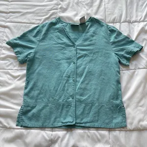 Vintage 80s Kathie Lee Teal Linen Blend Button Front Top Short Sleeve Large Y2K thumbnail 1