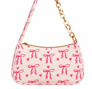 Pink Bow Print Mini Shoulder Bag Gold Chain Y2K Purse thumbnail 1