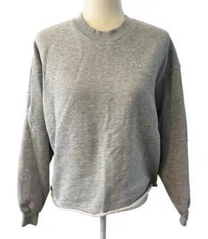Alo Yoga Gray Raw Hem Cropped Crewneck Sweatshirt Oversized Pullover Logo (L-XL) thumbnail 1