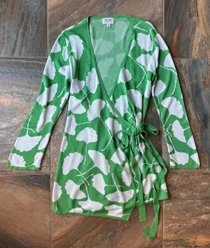 DVF for Target Ginkgo Leaf Green Knit Wrap Dress Mini Sweater Dress Medium M thumbnail 1