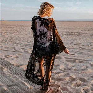 She & Sky Crochet Lace Midi Duster‎ Kimono Cardigan Black S/M $44 thumbnail 3