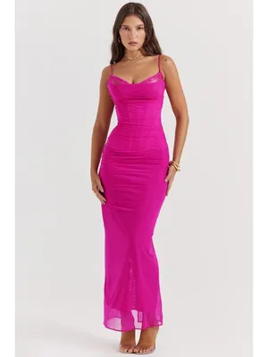 House of CB Nalini Fuchsia Mesh Maxi Dress Ruched Corset M thumbnail 4