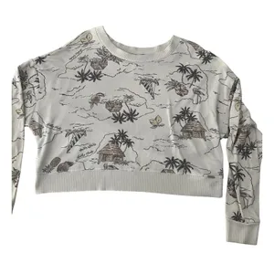 Gilly Hicks Womens XS‎ Cropped Sweatshirt Cream Tropical Island Palm Tree Print thumbnail 1