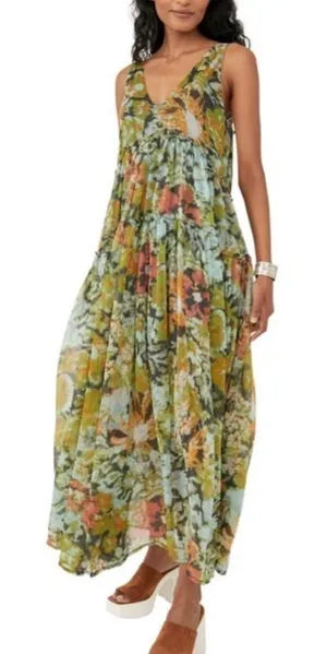 Free People NWT Evereve Dress Green Floral Medium Flowy‎ Beach Vacation thumbnail 1