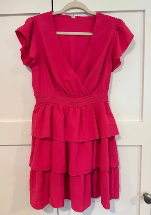 Bright Pink Tiered V-Neck Women's Dress thumbnail 1