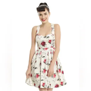 Hell Bunny Eloise‎ Mini Dress Rose Print Cream Bow Adjustable Straps Sz XS Retro thumbnail 3
