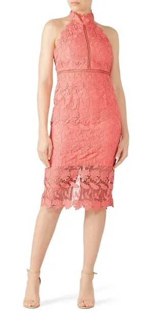 Bardot Noni Floral Lace Halter Neck Knee Length Dress Coral Size US 4/XS RTR thumbnail 1