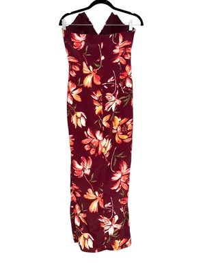 Katie May Come On Home Strapless Burgundy Floral Side Slit Midi Dress XS thumbnail 4