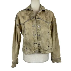 Zara Studded Z1975 Cropped Denim Jacket Tan Size XS Washed effect 100% Cotton thumbnail 2