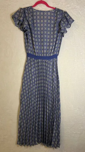 Max Studio Pleated Midi Dress‎ Womens XS Blue Geometric Flutter Sleeve Smocked thumbnail 1
