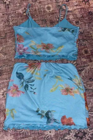 SheIn Baby Blue Vacation Mesh Two Piece Set With Floral Design Tropical thumbnail 4