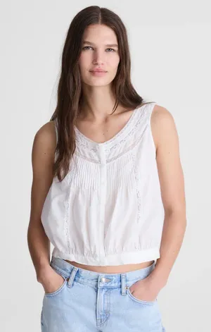 Madewell White Lace Insert Pintuck Cotton Voile Sleeveless Lightweight Top Sz S thumbnail 1